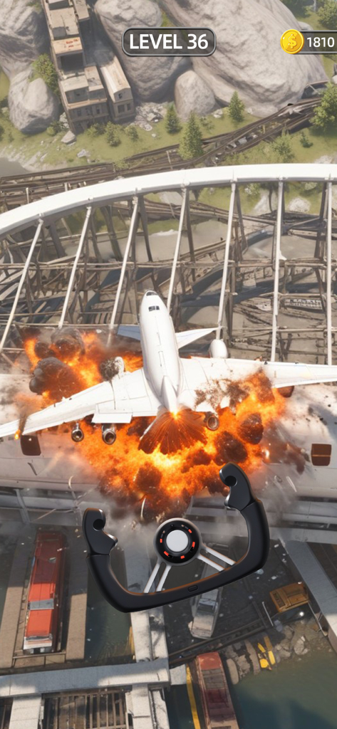 Un avión de pasajeros blanco explotando al impactar contra la estructura de un puente en el juego móvil Sling Plane 3D.