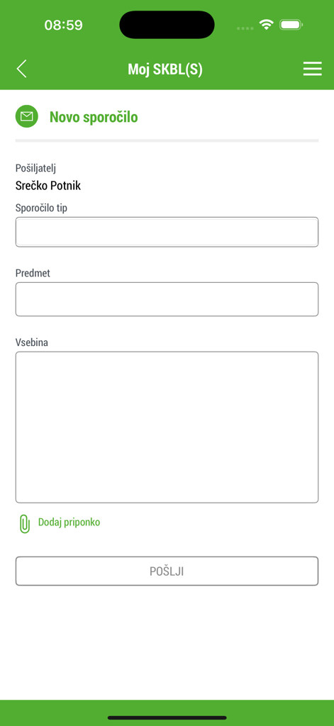 Moj SKBL(S) - A mobile interface for sending a new message within the Moj SKBL leasing app including fields for subject and content