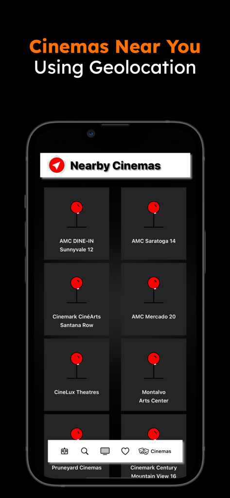 A interface do aplicativo Magi mostrando uma lista de cinemas próximos usando recursos de geolocalização
