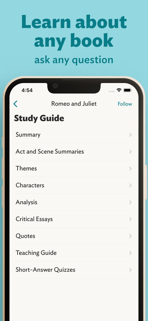 Interface pour smartphone de l'application eNotes affichant un guide d'étude littéraire pour Roméo et Juliette avec des catégories telles que le résumé et les thèmes.
