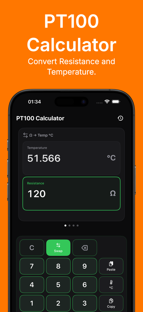 PT100 Calculator - PT100-Rechner-Mobil-App-Oberfläche, die Widerstand in Ohm in Temperatur in Grad Celsius für RTD-Sensoren umwandelt
