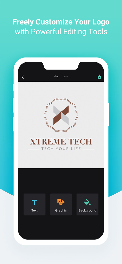 DesignEvo app interface showing logo customization tools for a tech brand