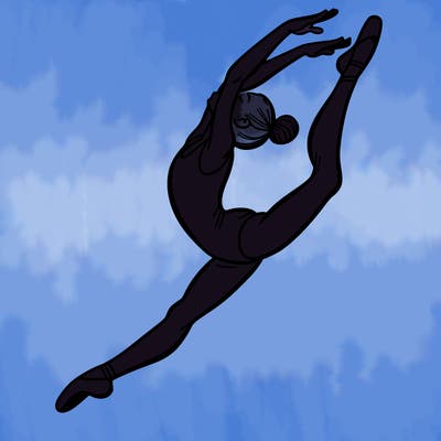 gymnast doing a leap in a leotard with a bent back leg