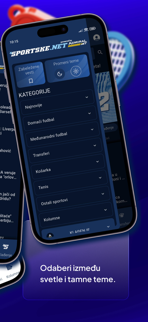 Oberfläche der Sportske.net App mit Sportkategorien wie Fußball und Basketball sowie einem Umschalter für dunkle und helle Themen