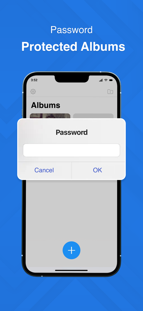 A smartphone screen showing a password prompt for secure and private photo albums in the Secret Photo Vault app.