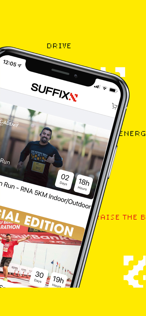 Suffix-سافكس - Suffix mobile app displaying upcoming sports events and marathons in the Middle East on an iPhone screen.