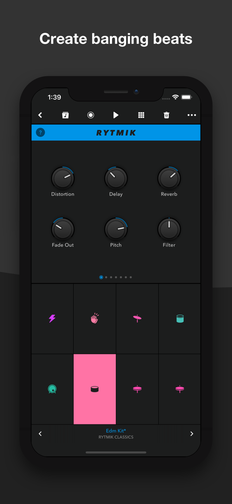 Reason Compact - Make Music - Reason Compact mobile app interface showing the Rytmik drum machine with effects knobs and drum pads