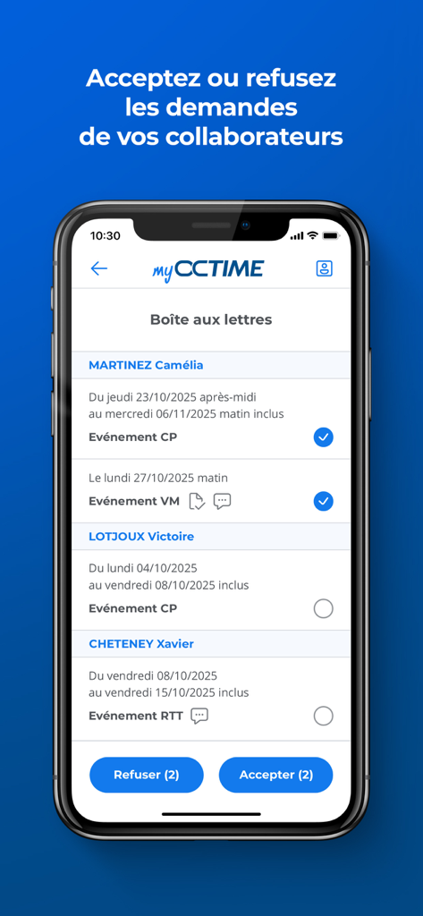 Tableau de bord manager dans l'application myOCTIME pour examiner et approuver les demandes de congés des employés