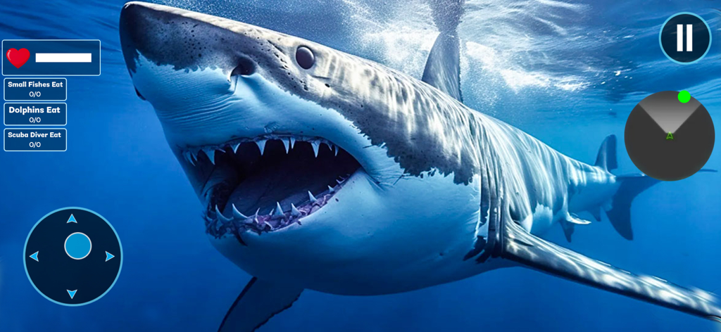 Angry Shark Hunt: Shark Games - Gameplay screen of Angry Shark Hunt featuring a great white shark swimming underwater with game UI elements