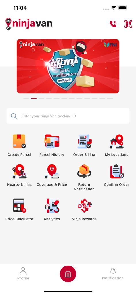 Ninja Van Myanmar - Dashboard dell'app Ninja Van Myanmar con servizi di consegna come tracciamento pacchi, creazione ordini e cronologia fatturazione.
