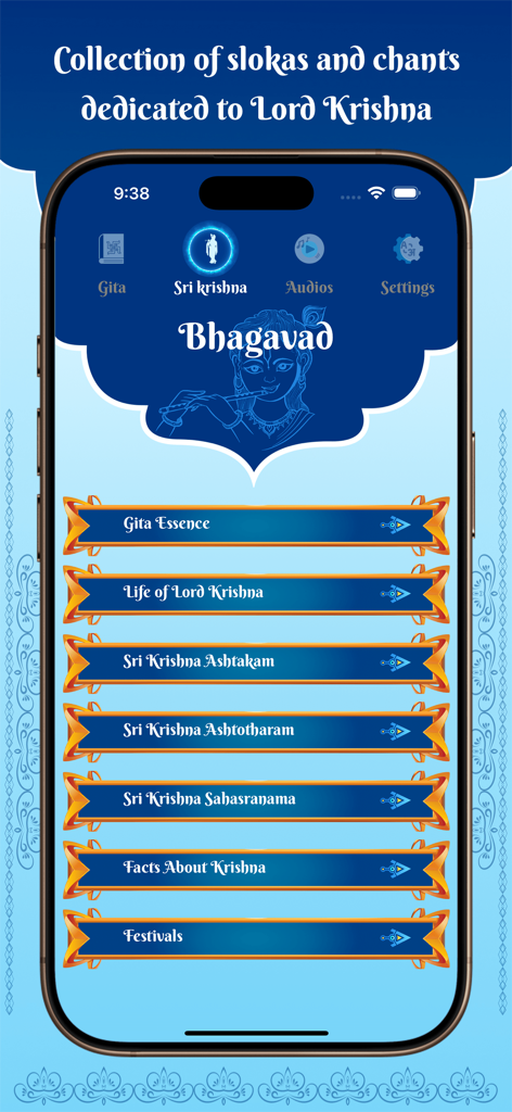 Bhagavad Gita for All - Bildschirm der mobilen App Bhagavad Gita mit einer Liste von Schlokas und Gesängen, die Lord Krishna gewidmet sind