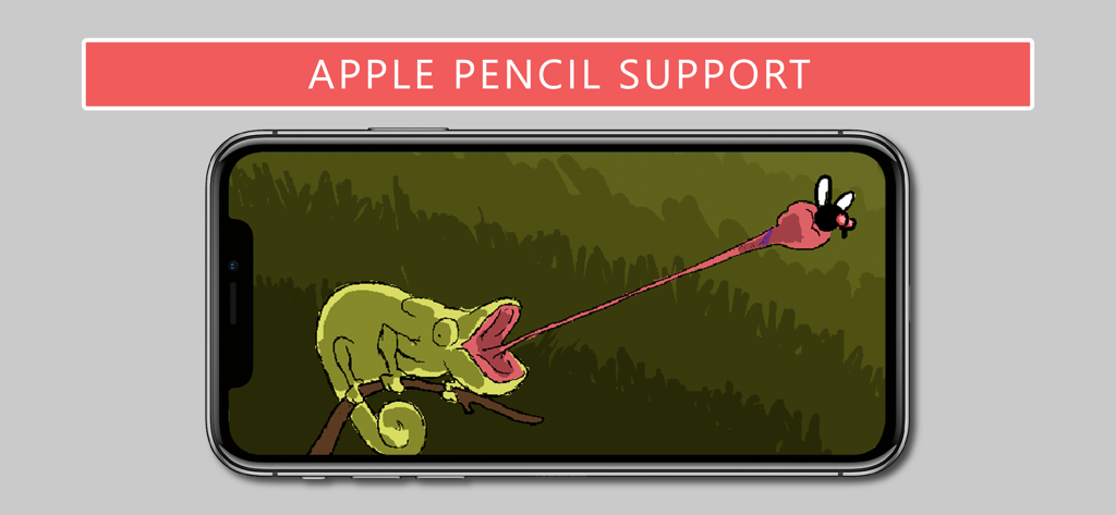 Animation Sketch - Apple Pencil 지원 배너가 있는 Animation Sketch 앱의 스마트폰에서 그린 카멜레온 애니메이션