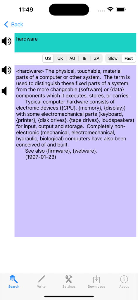 Computer Dictionary English - Definition of the term hardware in the Computer Dictionary English app with audio pronunciation options