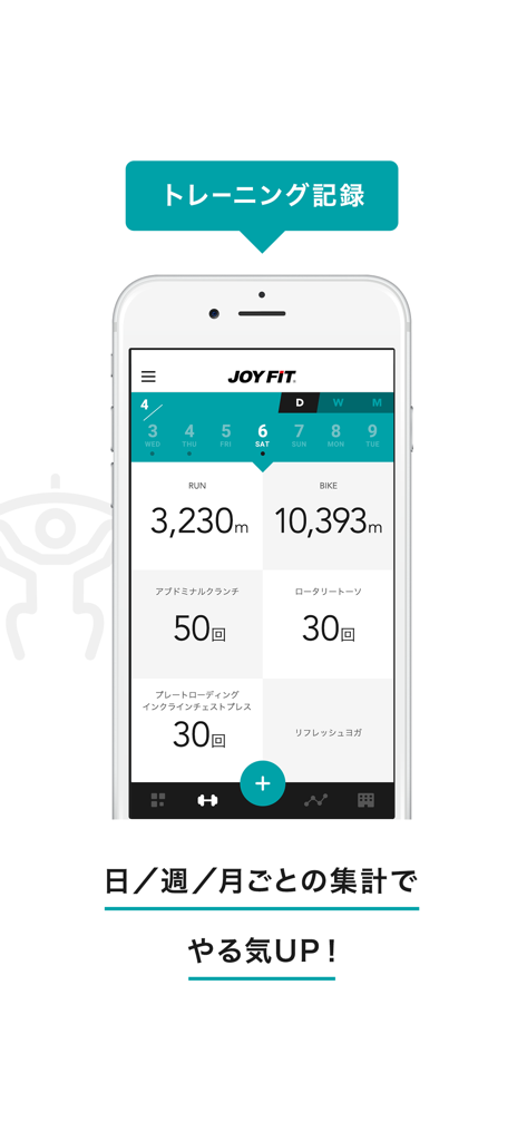 JOYFIT App-Oberfläche, die tägliche Trainingsmetriken für Laufen, Radfahren und Krafttraining anzeigt