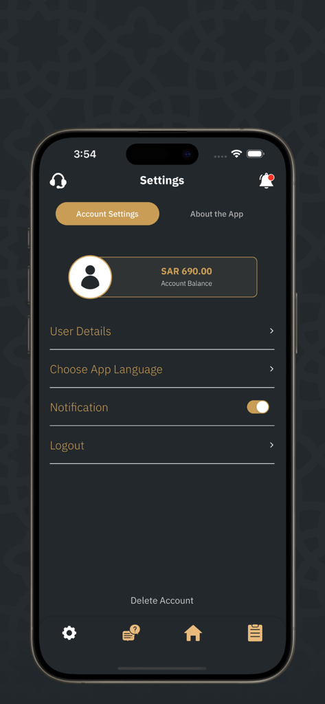Tawkeel | توكيل - La pantalla de configuración de la cuenta de la aplicación Tawkeel que muestra el saldo del usuario y las opciones de notificación