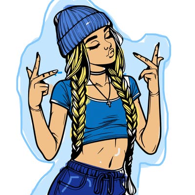 realistic teenage girl with braids and a beanie and crop top doing 🫶🏼
