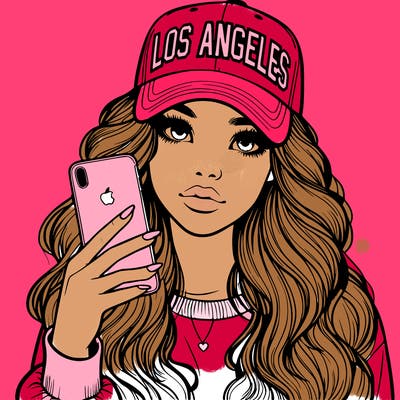 realistic beautiful girl wearing los ángeles cap holding an iphone