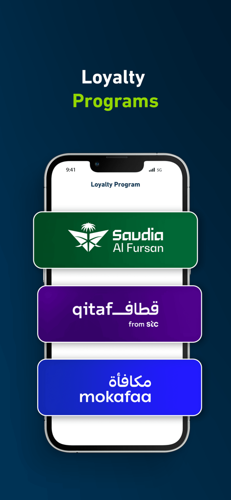 Lumi car rental app loyalty program screen showing partners like Saudia Al Fursan, qitaf, and mokafaa.