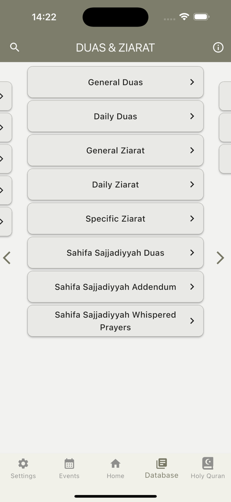 Shia Devotions - Menu showing categories for Duas and Ziarat in the Shia Devotions app
