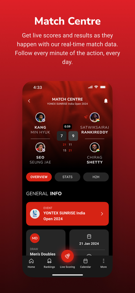 Badminton4U - Badminton4U app Match Centre screen displaying live scores for a professional doubles match