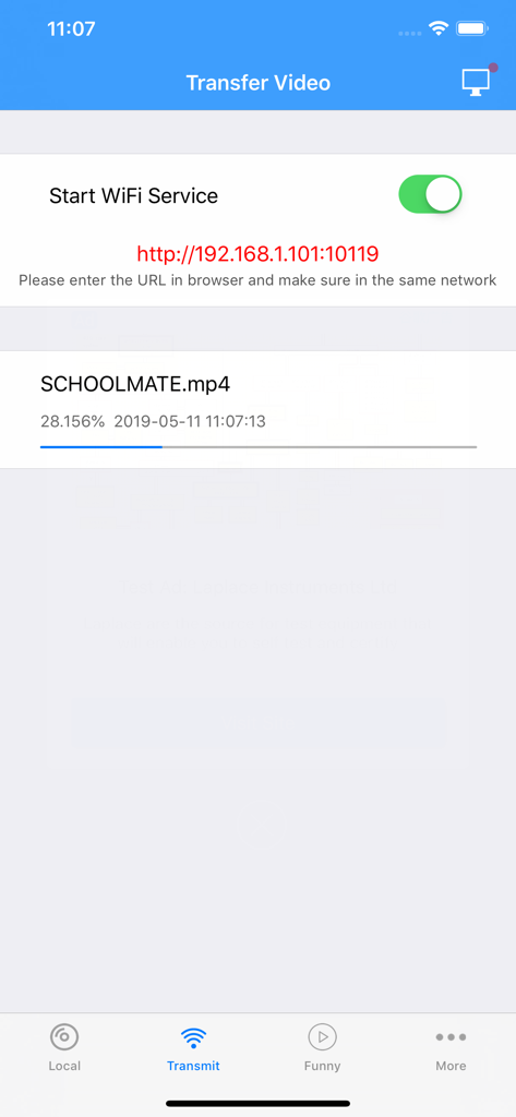X Player app screen showing a video file being transferred from a computer over a WiFi connection.