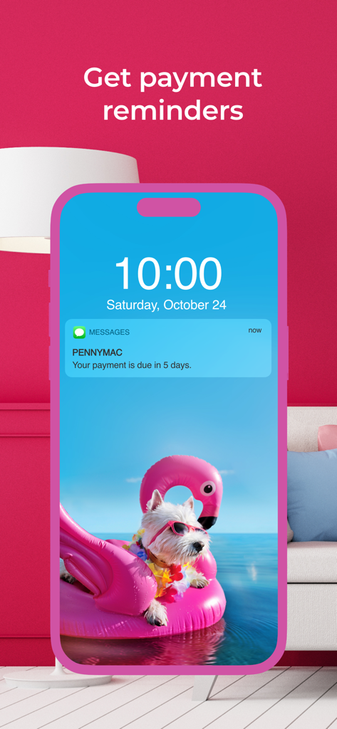 Smartphone lock screen displaying a Pennymac mortgage payment reminder notification.