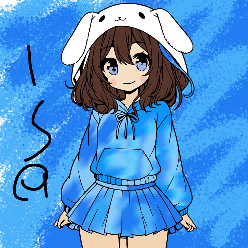 pretty anime girl wearing a fluffy hoodie with bunny ears on the hood and a skirt