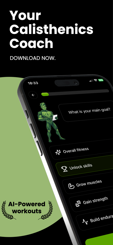 Calimax: Calisthenics Coach - Interfaz de la aplicación Calimax que muestra una mascota verde pidiendo objetivos de fitness como desbloquear habilidades y ganar músculo
