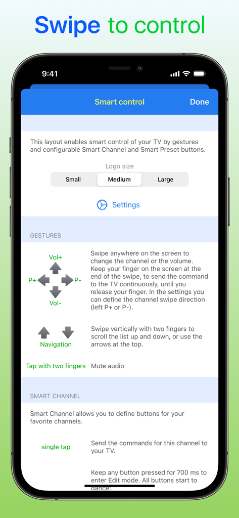 Samsung Smart TV remote myTifi - Samsung TVリモコンアプリのジェスチャーコントロール設定を示すスマートフォン画面