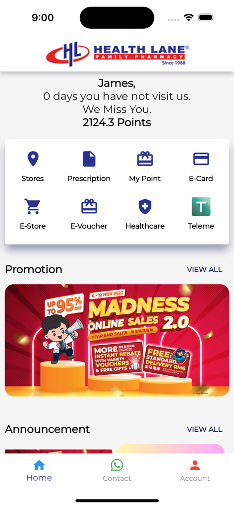Health Lane Pharmacy - Dashboard of Health Lane Pharmacy app showing membership points and health service icons