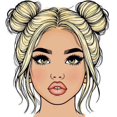 realistic girl with two buns on her hair and lips