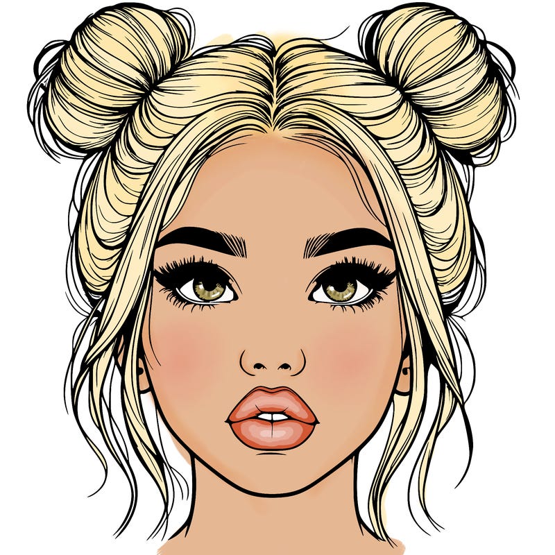 realistic girl with two buns on her hair and lips