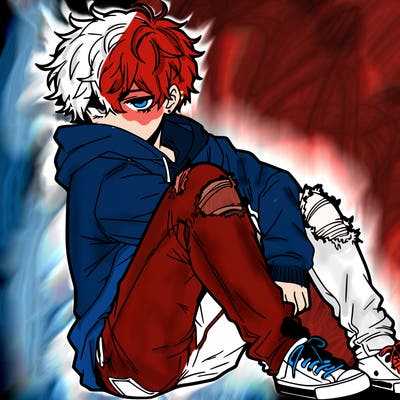 a male hoddie ripped jeans messy hair anime