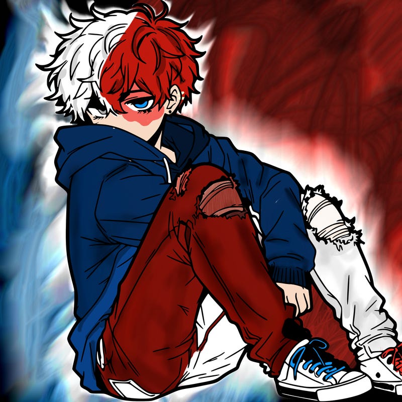 a male hoddie ripped jeans messy hair anime