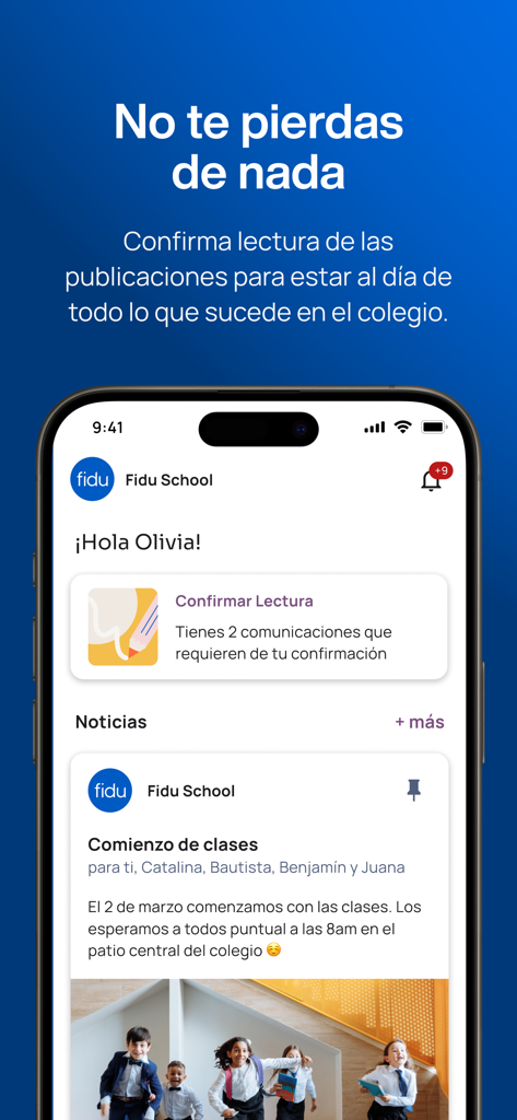 fidu - Aplicación móvil fidu que muestra el feed de noticias de la escuela y los recibos de lectura para padres y estudiantes