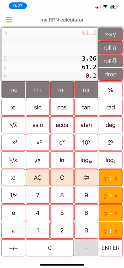 Scientific RPN calculator app interface with a multi-level stack display and professional mathematical operations.