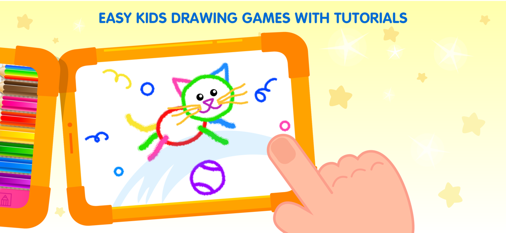 Drawing Games Apps for Kids - A child's finger drawing a colorful cat on a digital canvas with the text Easy Kids Drawing Games with Tutorials