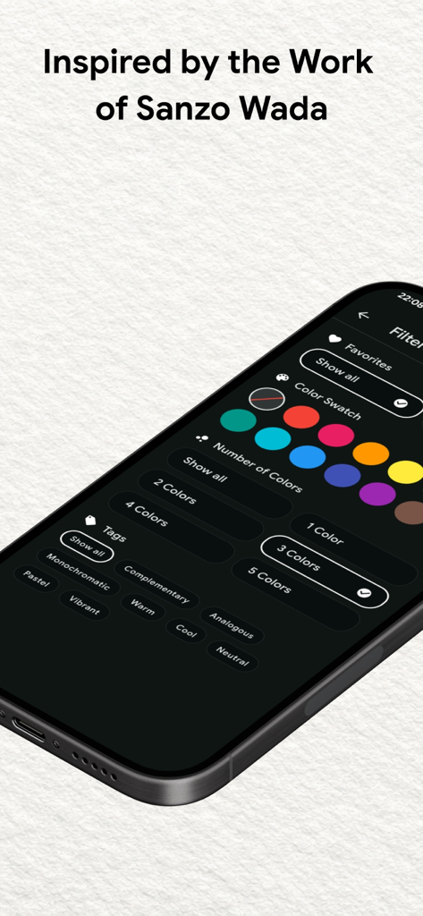 Una pantalla de smartphone que muestra el menú de filtros para la aplicación Diccionario de Colores de Wada con opciones de muestras de color y etiquetas de estilo.