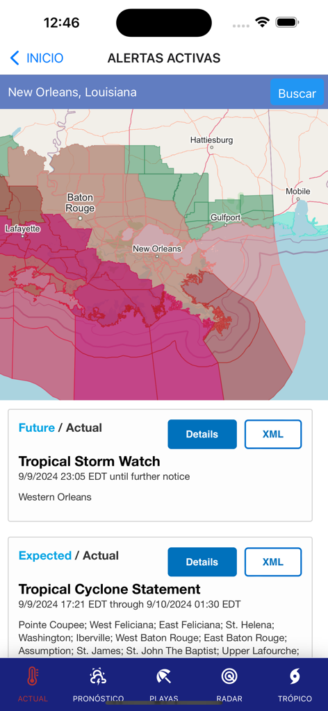 NextWeather app screen displaying active tropical storm alerts and a weather map of New Orleans Louisiana