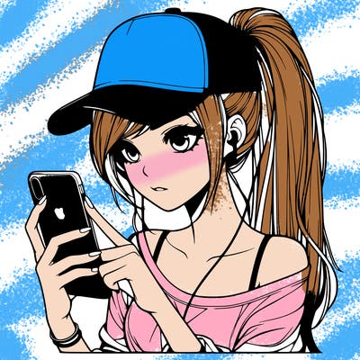 realistic girl with a long ponytail and trucker hat holding an iphone