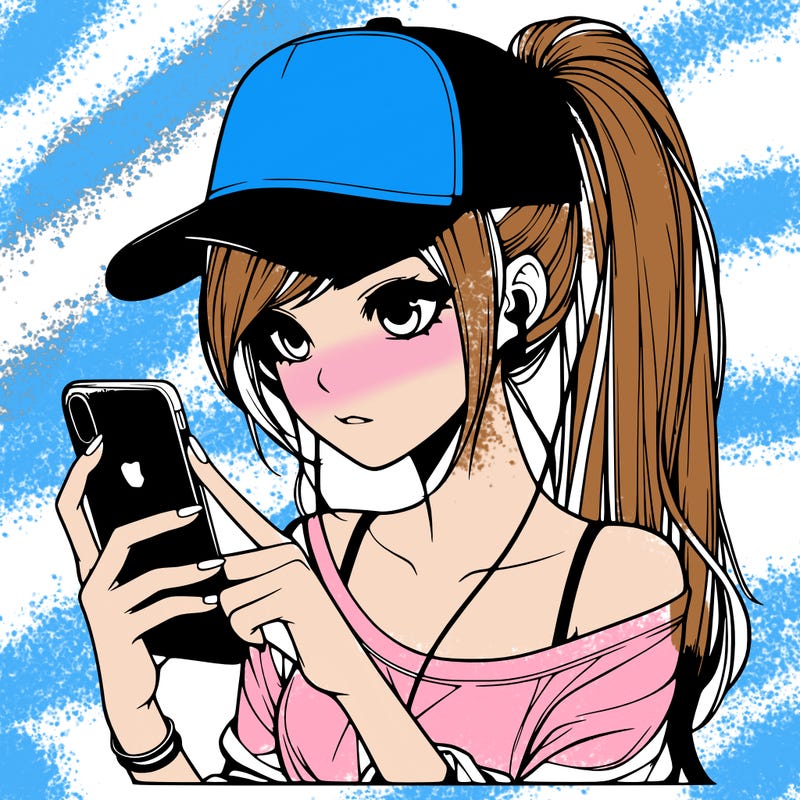 realistic girl with a long ponytail and trucker hat holding an iphone