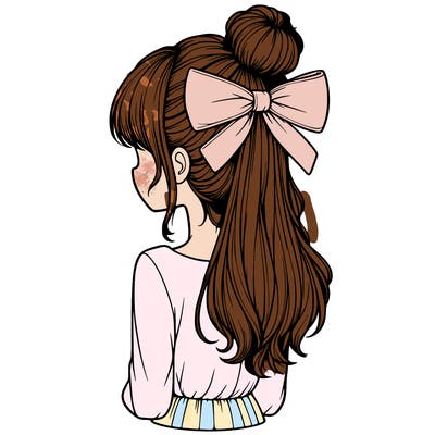 realistic girl  with hip length hair a bun and a big bow on the back of head