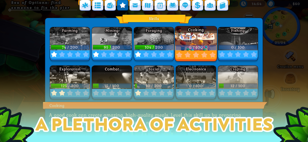 Spirit of the Island - Un menú en Spirit of the Island que muestra varias habilidades del jugador como agricultura, cocina y minería