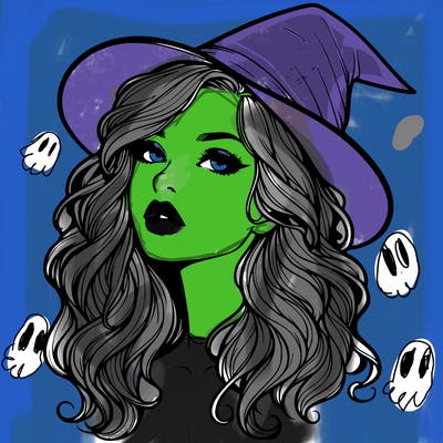 realistic witch girl with wavy hair and lips