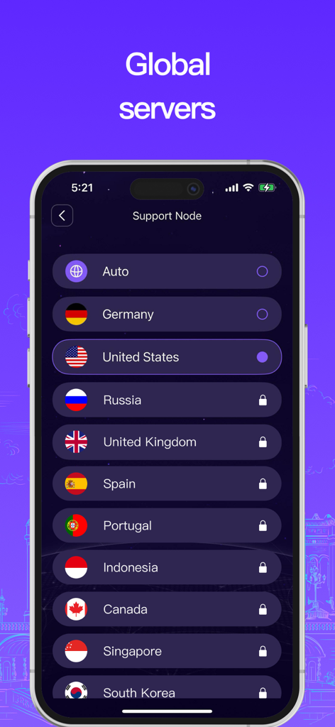 VPN - Super VPN Buck - Una lista de ubicaciones de servidores VPN globales que muestran países como Alemania, Estados Unidos y Reino Unido en la aplicación Super VPN Buck.