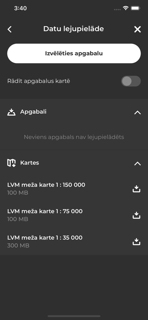 LVM GEO Mobile - Download screen for offline forest maps in the LVM GEO Mobile app.