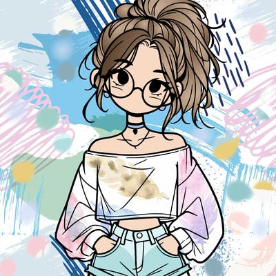 girl with a messy ponytail glasses a baggy crop top and jean shorts