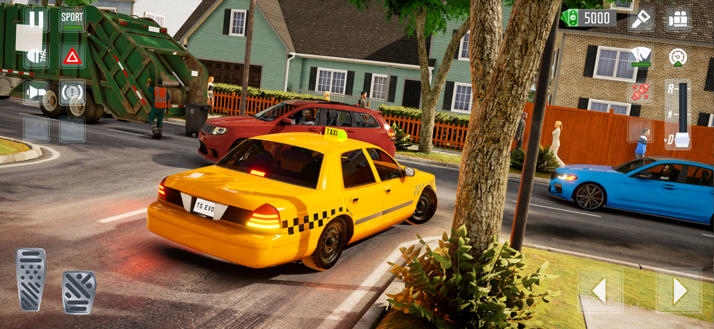 Taxi Car Simulator : EVO - A yellow taxi cab driving through a suburban neighborhood in the Taxi Car Simulator EVO mobile game.