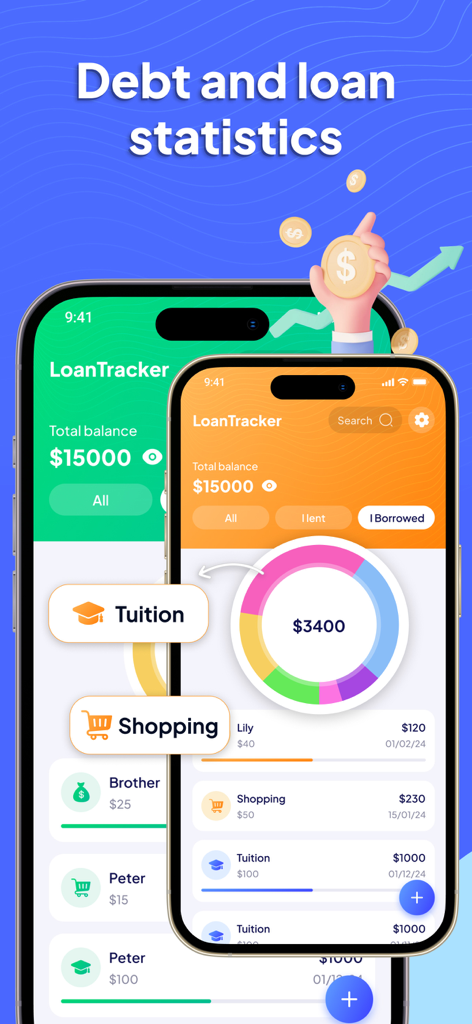 Interfaz de la aplicación Rastreador de Préstamos en iPhone mostrando estadísticas de deudas y préstamos con un gráfico circular de desglose