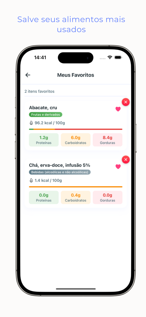 Taco Tabela - A list of favorite foods showing calories and macronutrients in the Taco Tabela app.